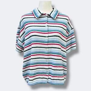 Zara Knit Top Women’s Large Multicolor Stripe Collared Short Sleeve Button Front